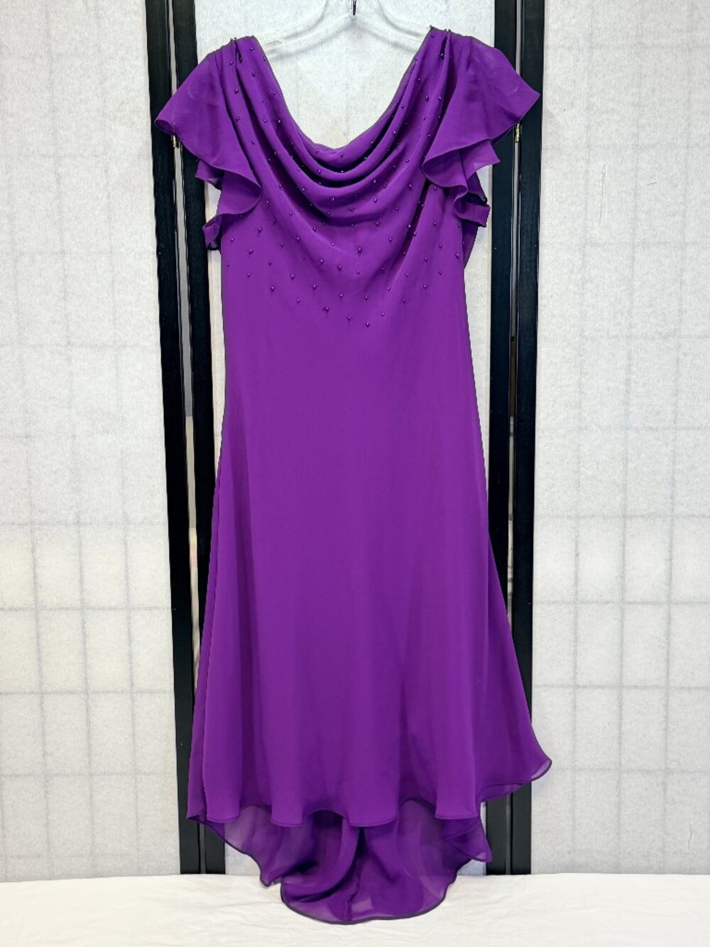 SL Fashions 14P Purple Bead Waterfall Neck Ruffle V Back Hi Low Chiffon Formal